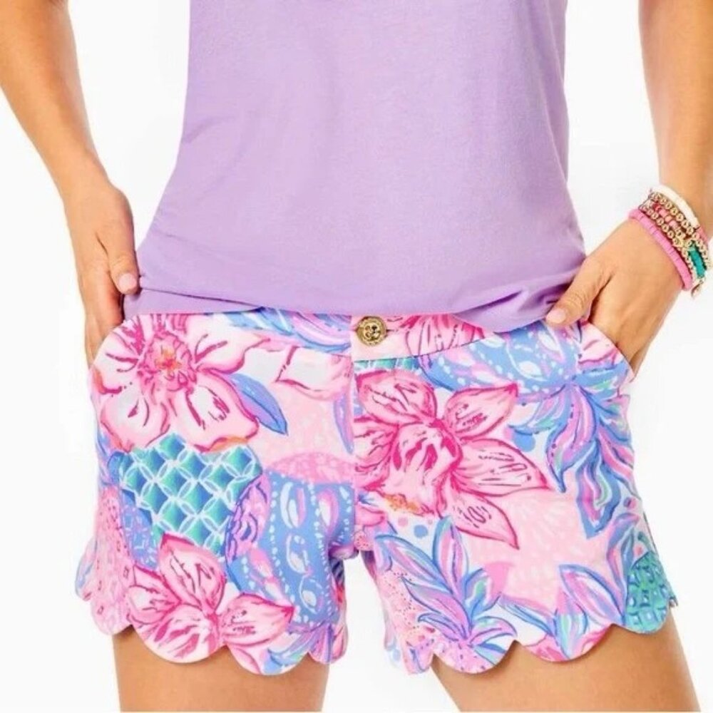 NWT LILLY PULITZER SIZE 6 BUTTERCUP KNIT 5" SHORT *SNAPPY TURTLE* PINK ISLE